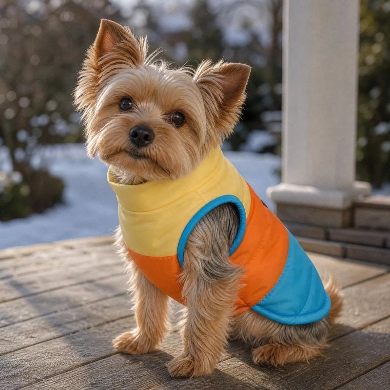 Manteau Chien yorkshire assis sur le perron avec son manteau aux couleur bleu ,orange et jaune