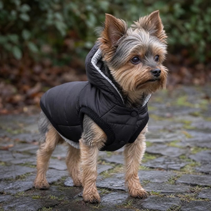 Manteau Chien yorkshire portant son manteau noir pour sa promenade