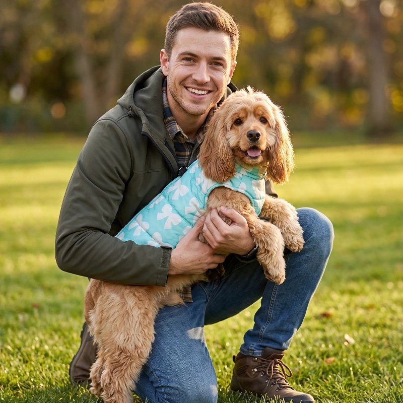 Manteau pour Chien caniche dans les bras de son maitre avec son manteau bleu