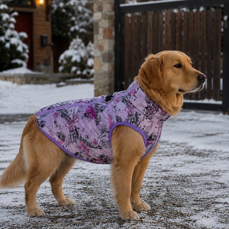 Manteau pour Chien golden retriver dsns sa cours recouverte de neige portant son manteau violet et blanc
