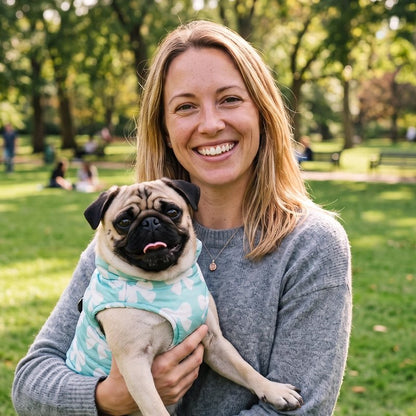 Manteau pour Chien pog dans les bras de sa maitresse portant son manteau bleu