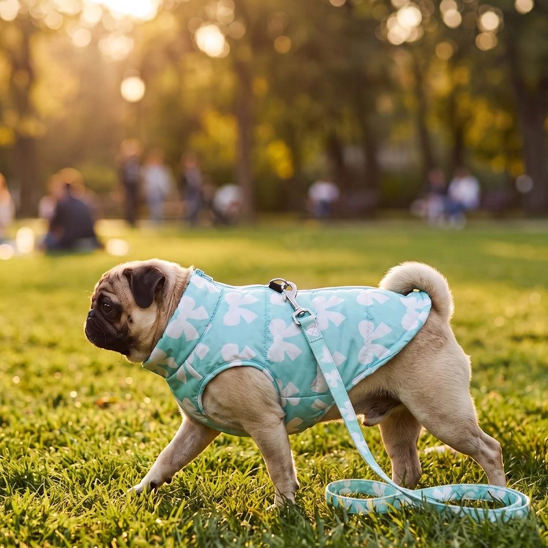 Manteau pour Chien pog se promenant dans un parc avec son manteau bleu