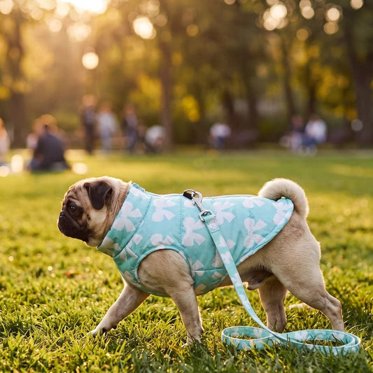 Manteau pour Chien pog se promenant dans un parc avec son manteau bleu