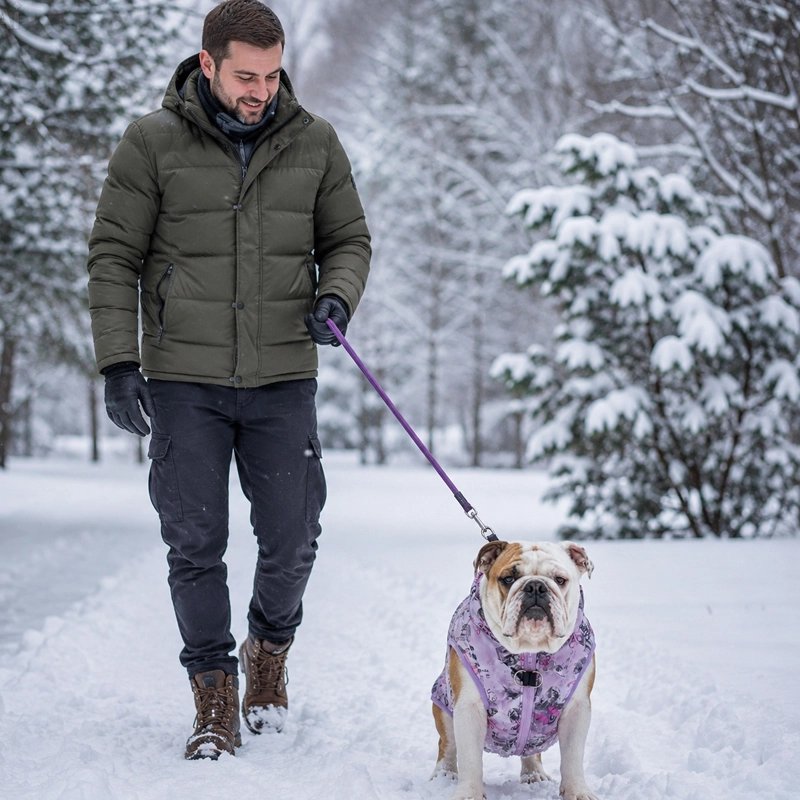 Manteau pour Chien pog se promenant dans un sentier enneiger avec son manteau violet et blanc