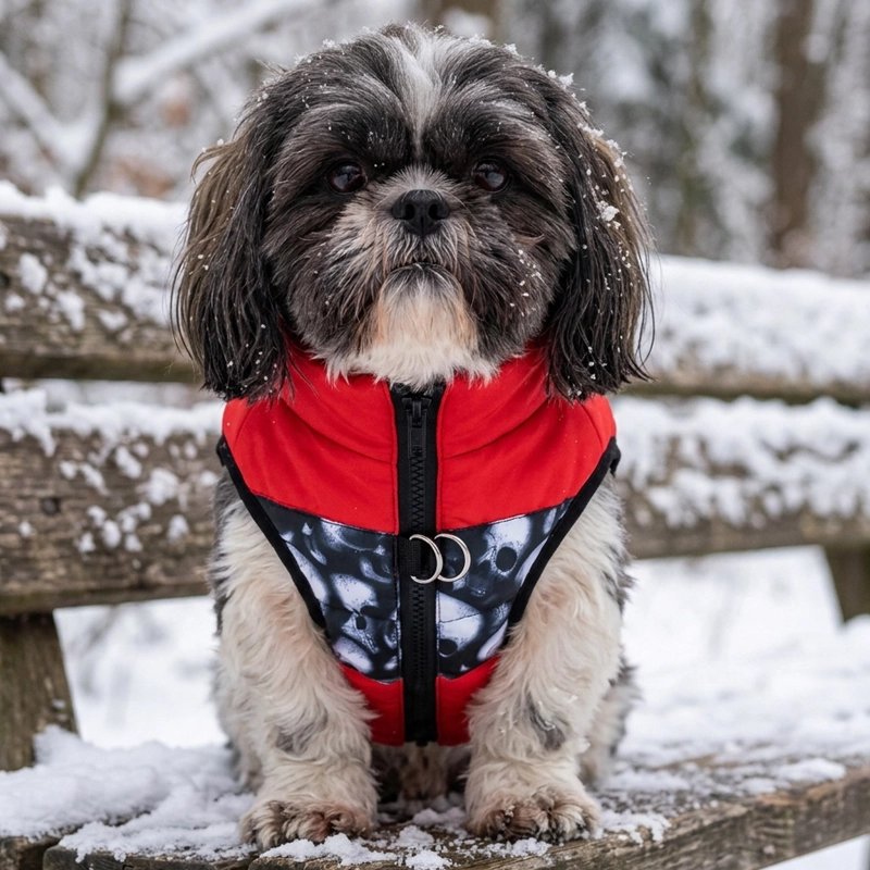 Manteau pour Chien shih tzu assis sur un banc de parc avec son manteau rouge et noir