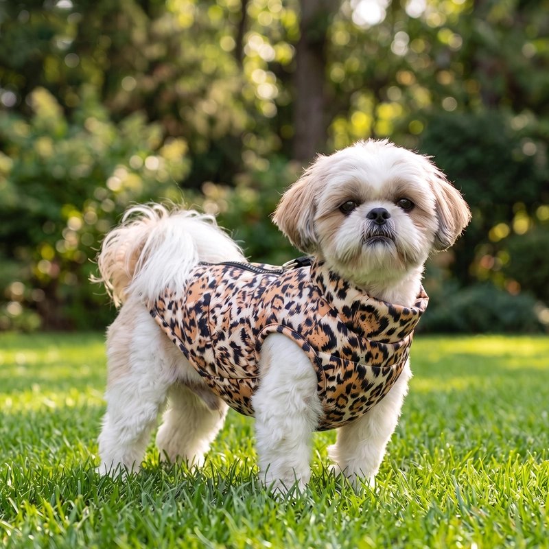 Manteau pour Chien shih tzu fier de porter son mateau dans un parc