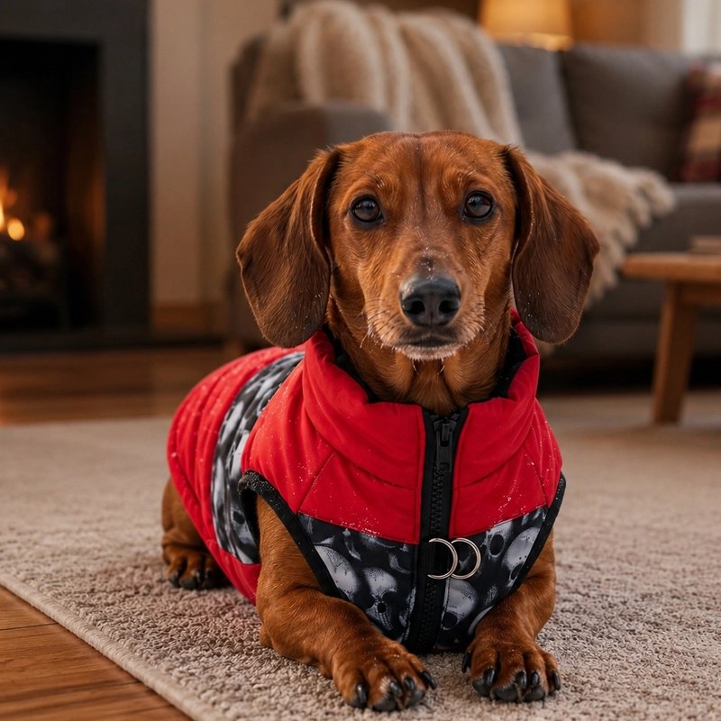 Manteau pour Chien teckel coucher pres de la cheminéé avec son manteau rouge et noir