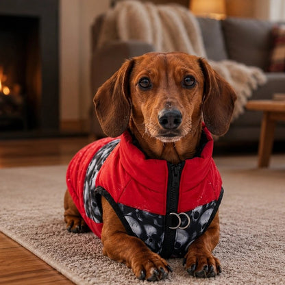 Manteau pour Chien teckel coucher pres de la cheminéé avec son manteau rouge et noir