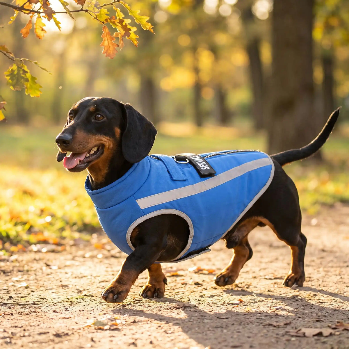 chien teckel ganbadant dans la foret avec son manteau polar bleu