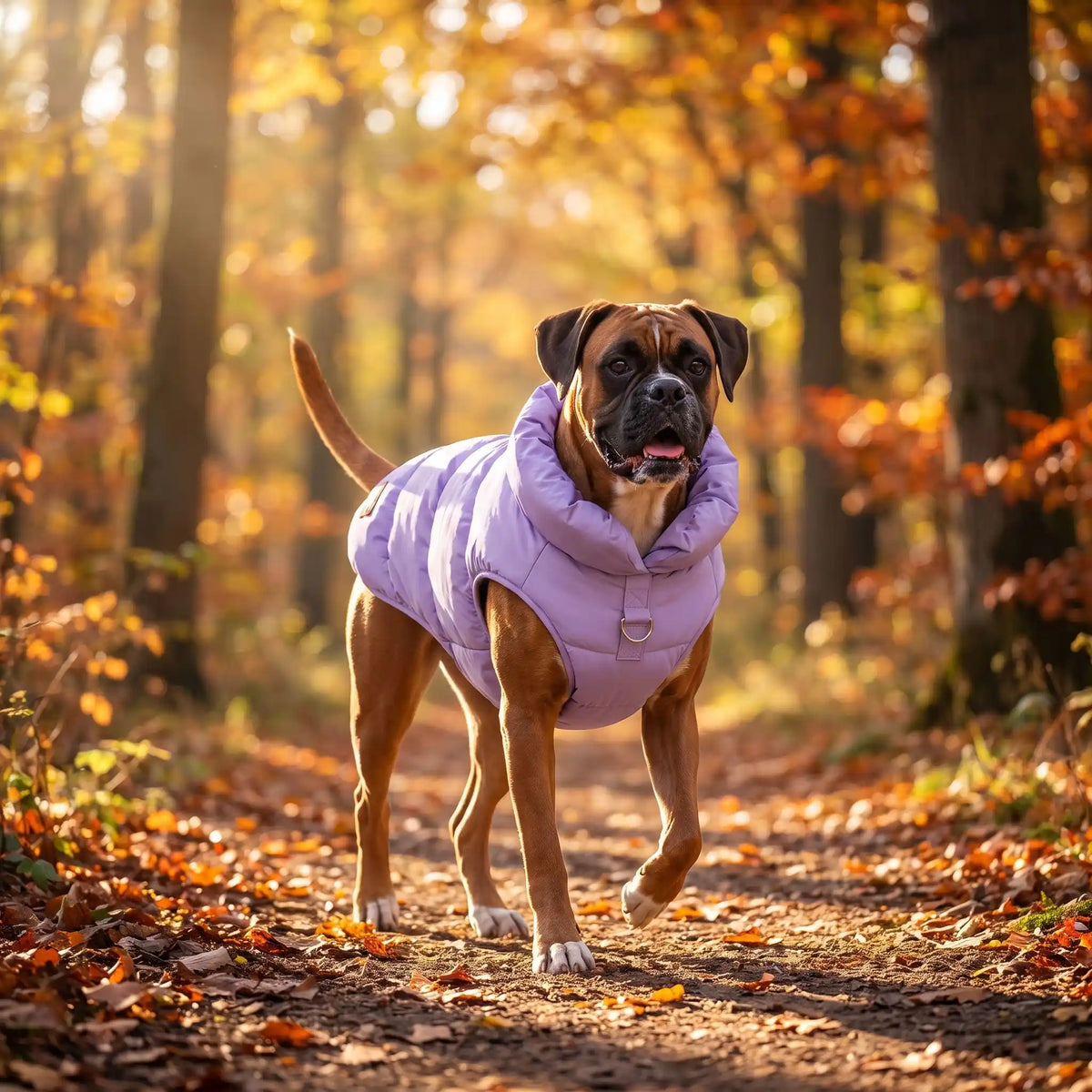 Boxer dans la foret avec son manteau mauve
