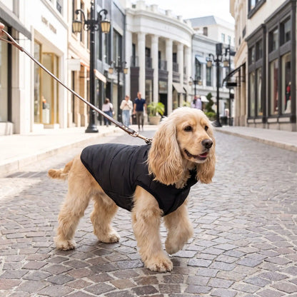 épagneul en promenade au centre ville avec son manteau noir