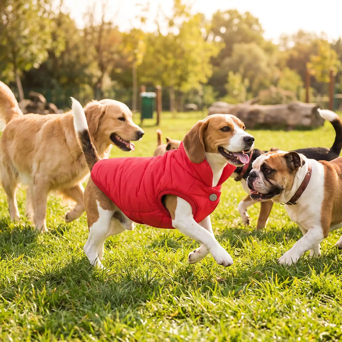 beagle dans un parc a chien avec son manteau rouge