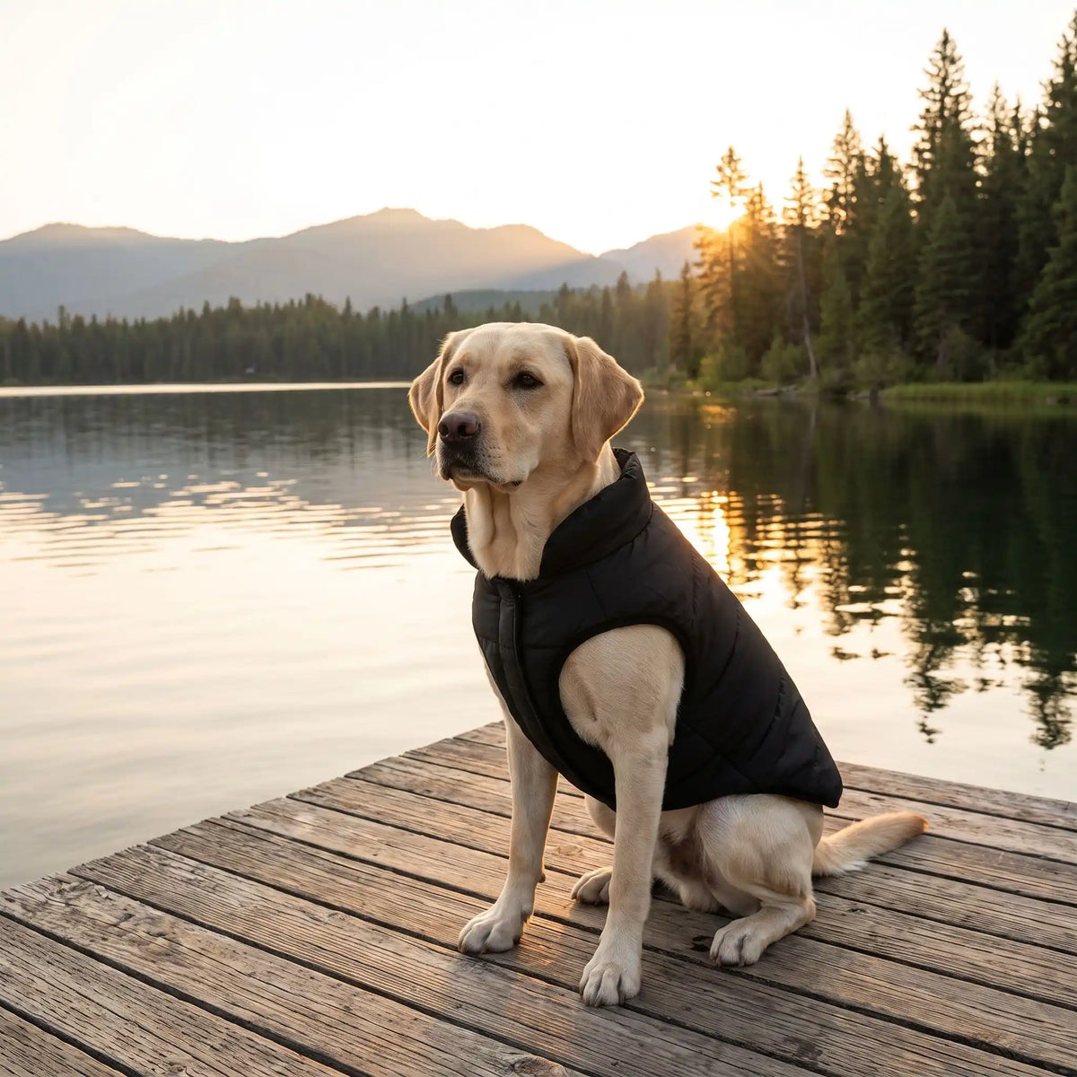 labrador blond assis sur un quai avec son manteau noir