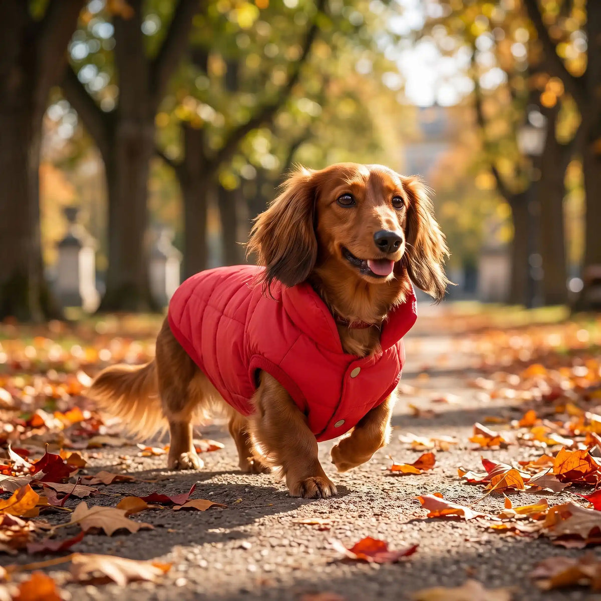 teckel dans un parc avec son manteau rouge