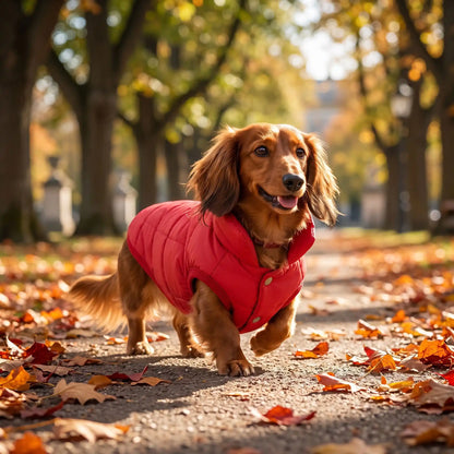 teckel dans un parc avec son manteau rouge