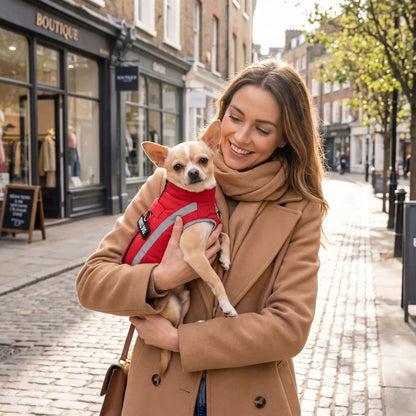 chiwawa dans les bras de sa maitresse au centre ville avec son manteau rouge polar