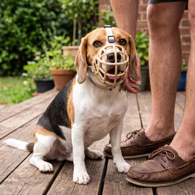 Muselière pour chien​ beagle assis sur la terrasse avec sa muselière beige