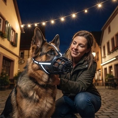 Muselière pour chien​ berger allemand assi au centre ville avec sa muselière noir et sa maitresse