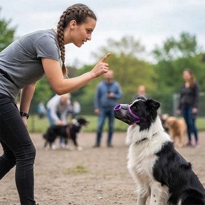 Muselière pour chien​ berger australien écoutant les consignes de sa dresseuse avec sa muselière noir et violet