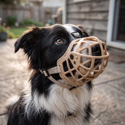 Muselière pour chien​ berger australien regardant son maitre avec sa muselière beige