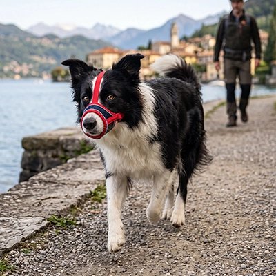 Muselière pour chien​ border colley avec sa muselière au bord du lac