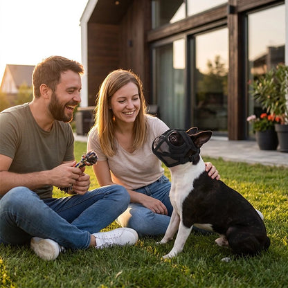 Muselière pour chien​ boston terrier assis dans la cour avec ses maitre et sa muselière