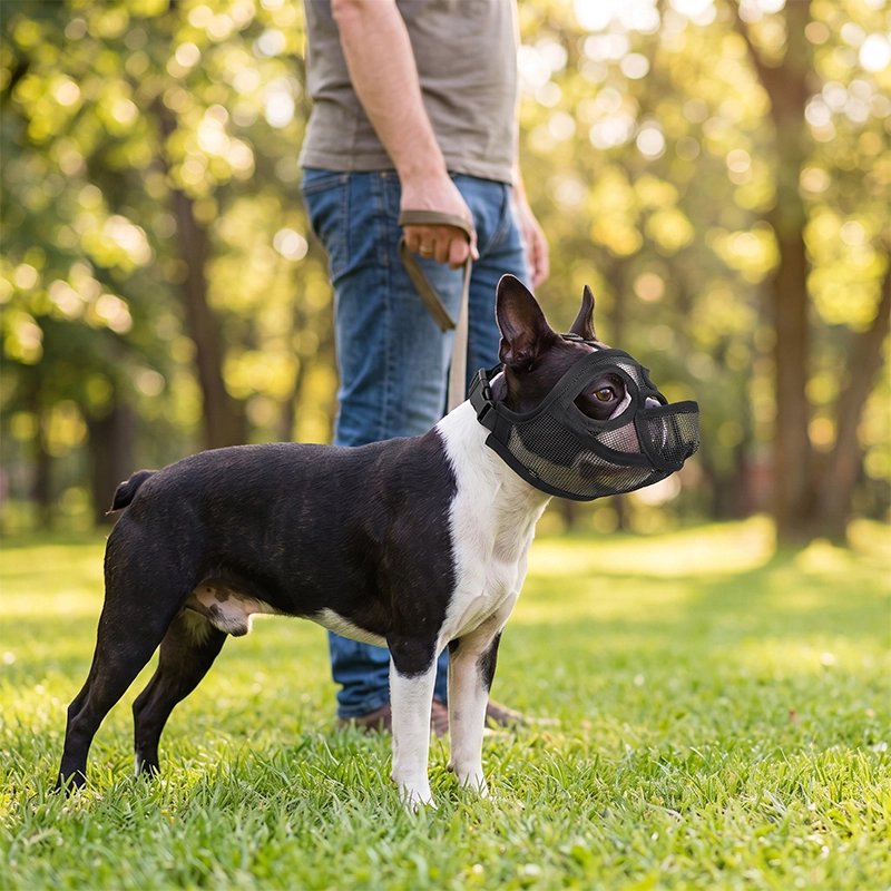 Muselière pour chien​ boston terrier dans un parc en balade avec son maitre