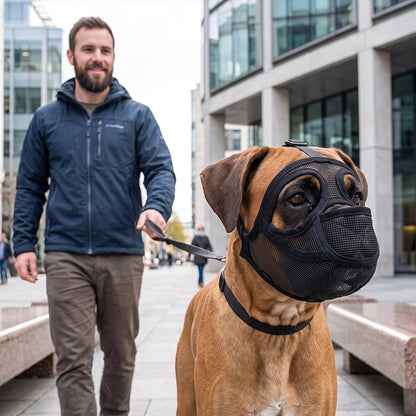 Muselière pour chien​ boxer en promenade au centre ville avec sa muselière et son maitre