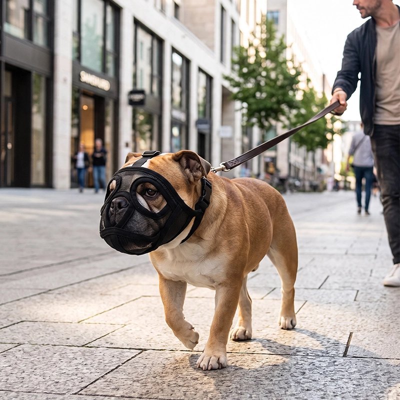 Muselière pour chien​ bull dog en promenade avec sa muselière et son maitre au centre ville
