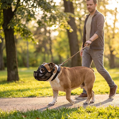 Muselière pour chien​ bull dog en promenade dns un parc avec sa museliere et son maitre