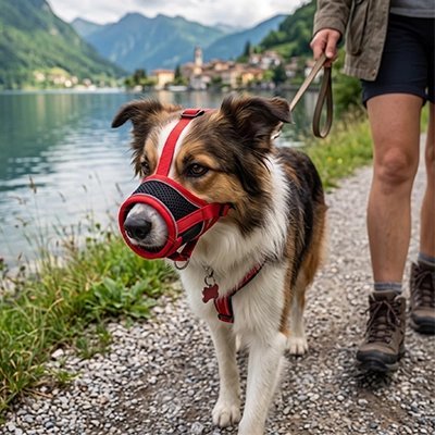 Muselière pour chien​ colley en balade au bord du lac avec sa muselière