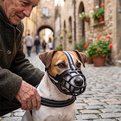 Muselière pour chien​ fox terrier au centre ville avec sa muselière noir