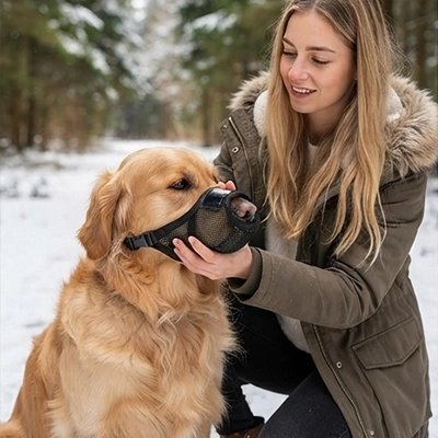 Muselière pour chien​ golden retriver portant sa muselière noir dans un parc avec sa maitresse