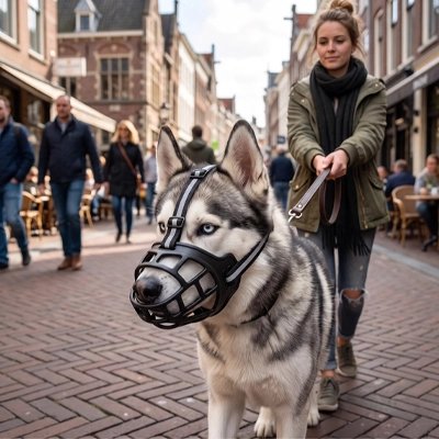 Muselière pour chien​ husky en promenade au centre ville avec sa muselière noir