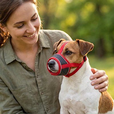 Muselière pour chien​ jack russel assis sur un banc de parc avec sa muselière et sa maitresse