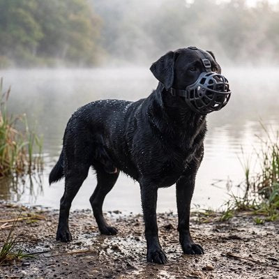 Muselière pour chien​ labrador noir au bord du lac avec sa muselière noir