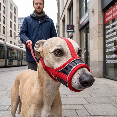 Muselière pour chien​ lèvrier en promenade avec sa muselière au centre ville
