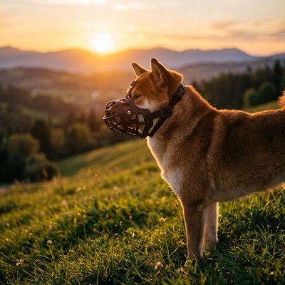 Muselière pour chien​ malamute regardant le couché du soleil avec sa muselière noir