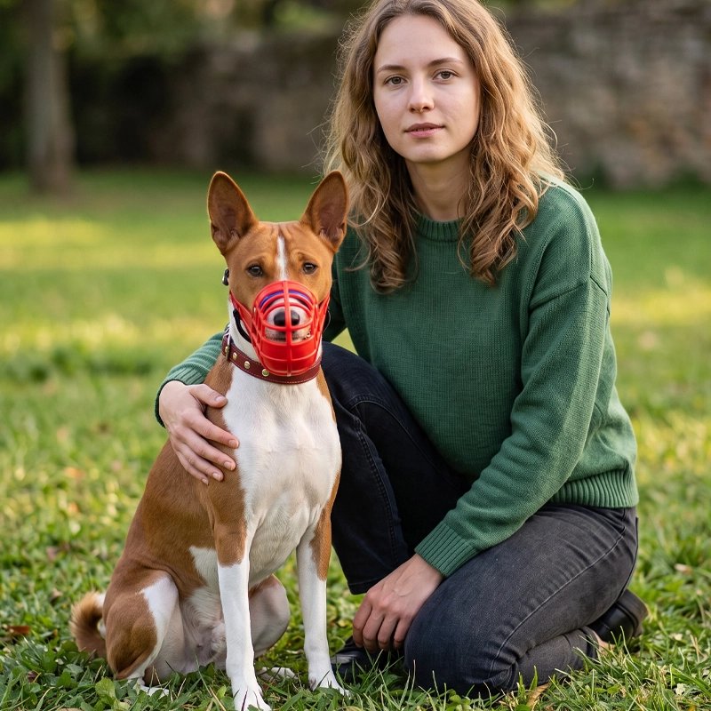 Muselière pour chien​ pinscher avec sa muselière rouge en compagnie de sa maitresse dans un parc