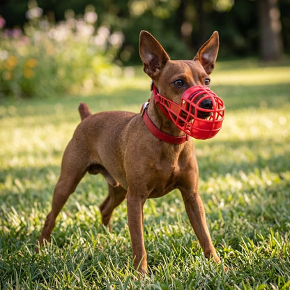Muselière pour chien​ pinscher dans un parc avec sa muselière rouge 
