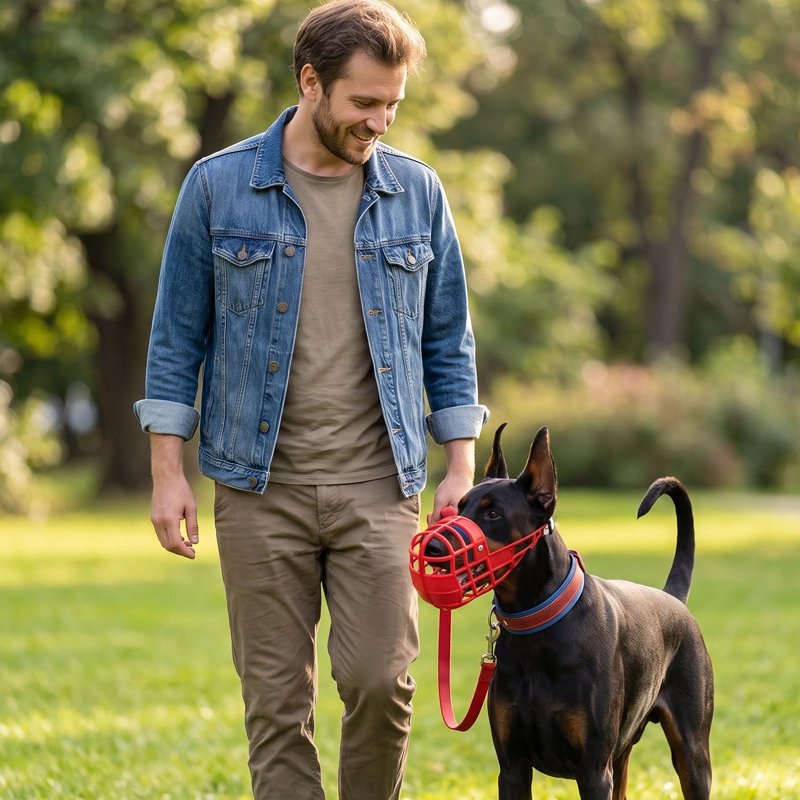 Muselière pour chien​ pinscher en promenade avec sa muselière rouge et son maitre dans un parc