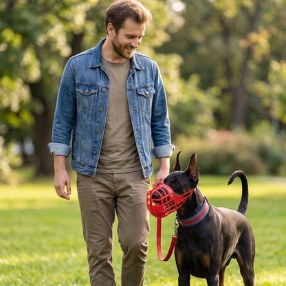 Muselière pour chien​ pinscher en promenade avec sa muselière rouge et son maitre dans un parc