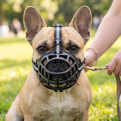 Muselière pour chien​ pog assis au parc avec sa muselière noir