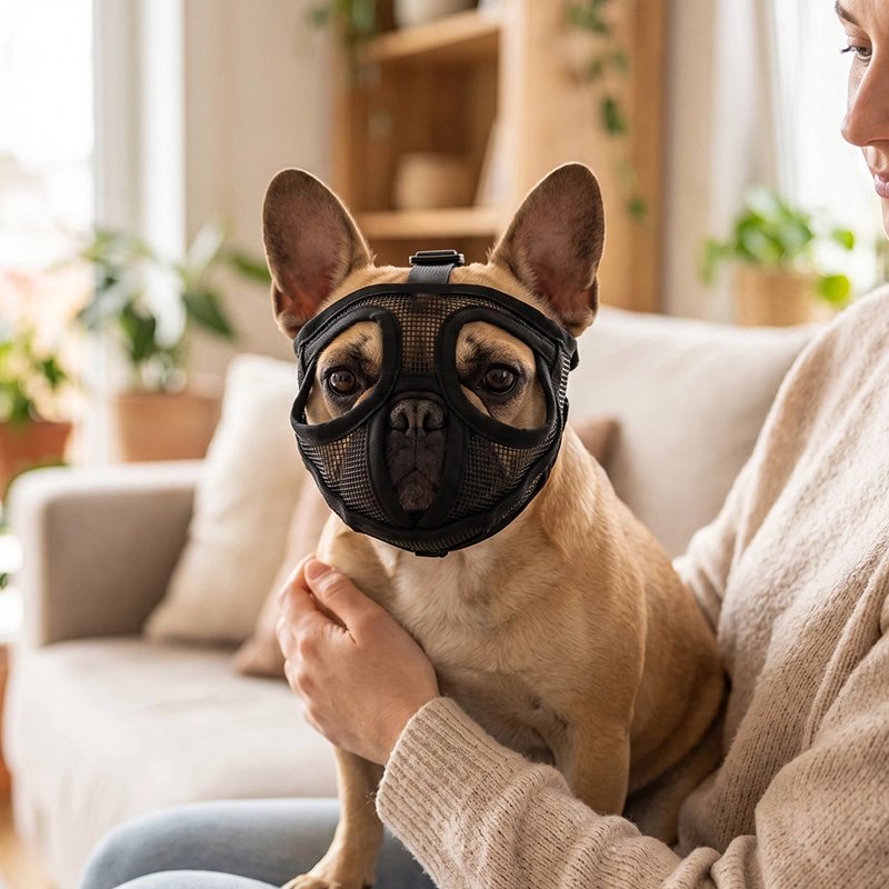 Muselière pour chien​ pog assis sur son maitre avec sa muselière noir