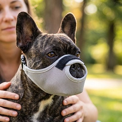 Muselière pour chien​ pog au parc avec sa muselière grise