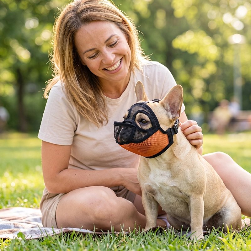 Muselière pour chien​ pog avec sa muselière recevant des caresse de sa maitresse dans un parc