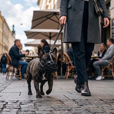 Muselière pour chien​ pog en promenade au centre ville avec sa muselière noir