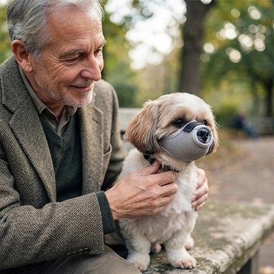 Muselière pour chien​ shih tzu assis sur son maitre avec sa muselière grise