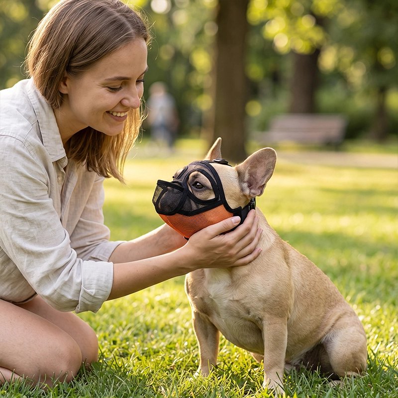 Muselière pour chien​pog dans un parc etrain de se faire placer sa muselière par sa maitresse