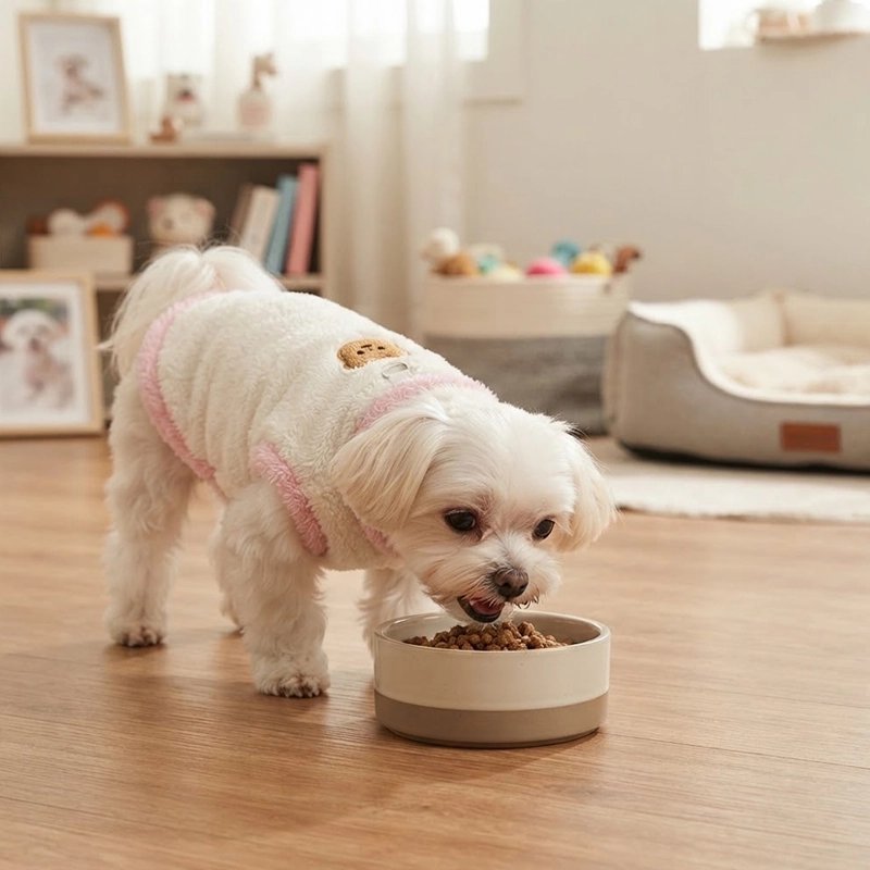 Pull pour Chien bichon entrain de se nourrire portant son pull blanc et rose